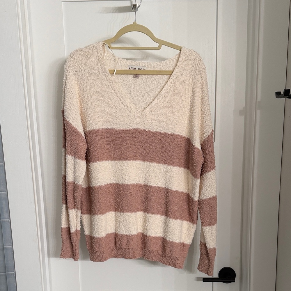 Striped V-Neck Sweater - Cream and pink